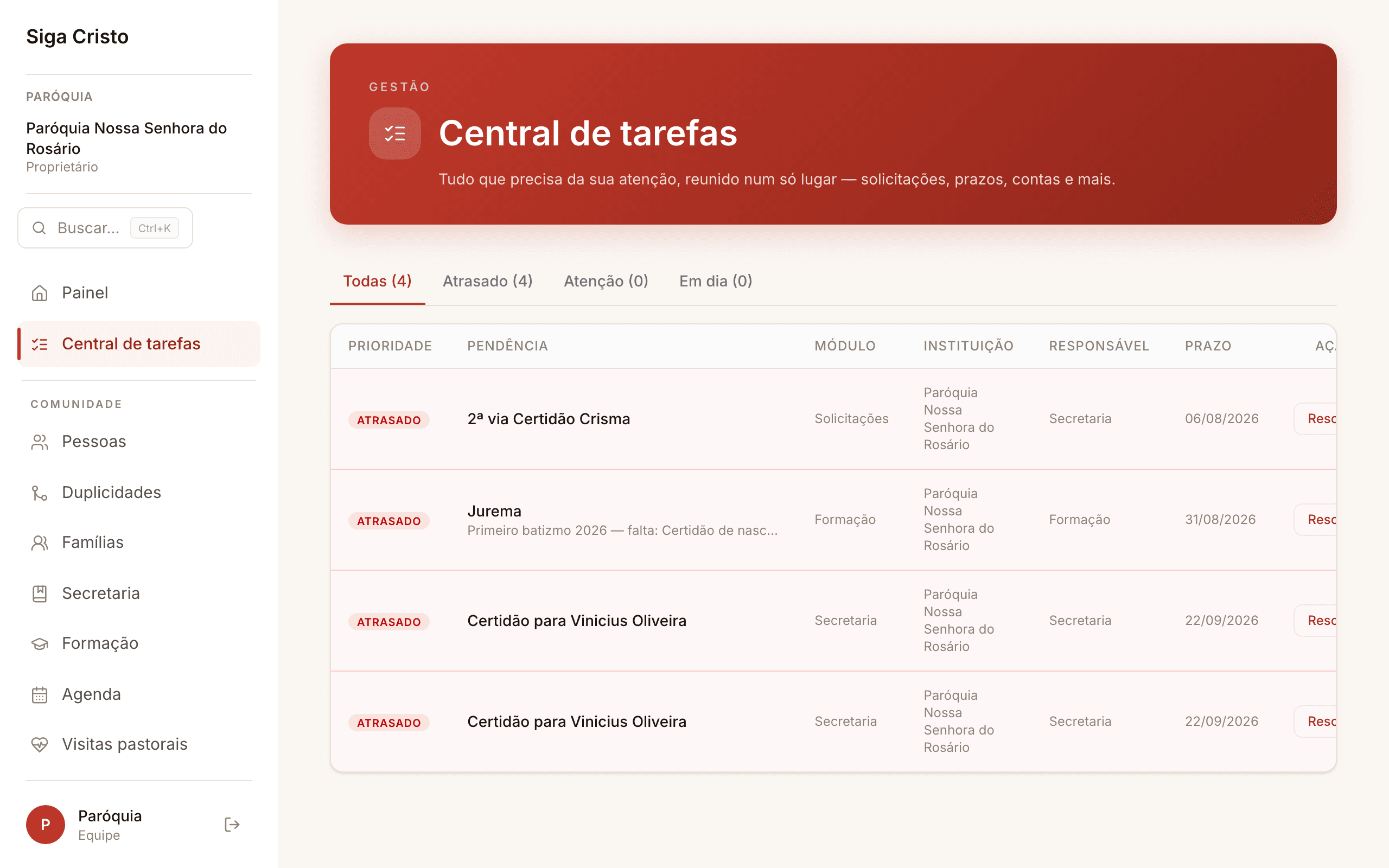 Central de tarefas do ERP com as pendências da secretaria