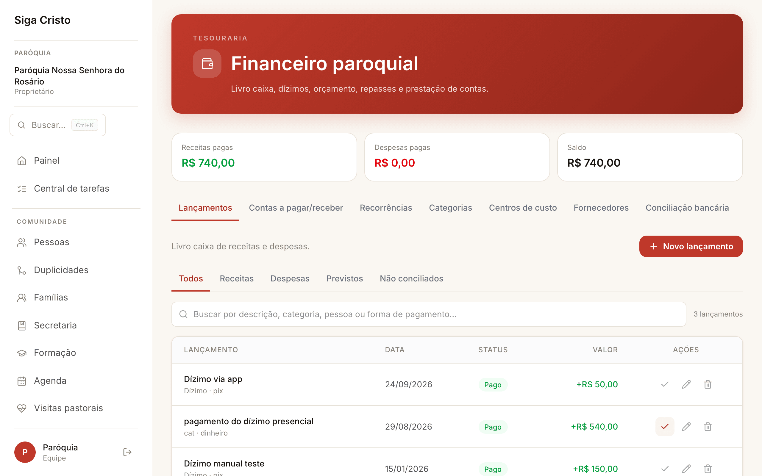 Tela do Financeiro paroquial no ERP: receitas, despesas, saldo e lançamentos