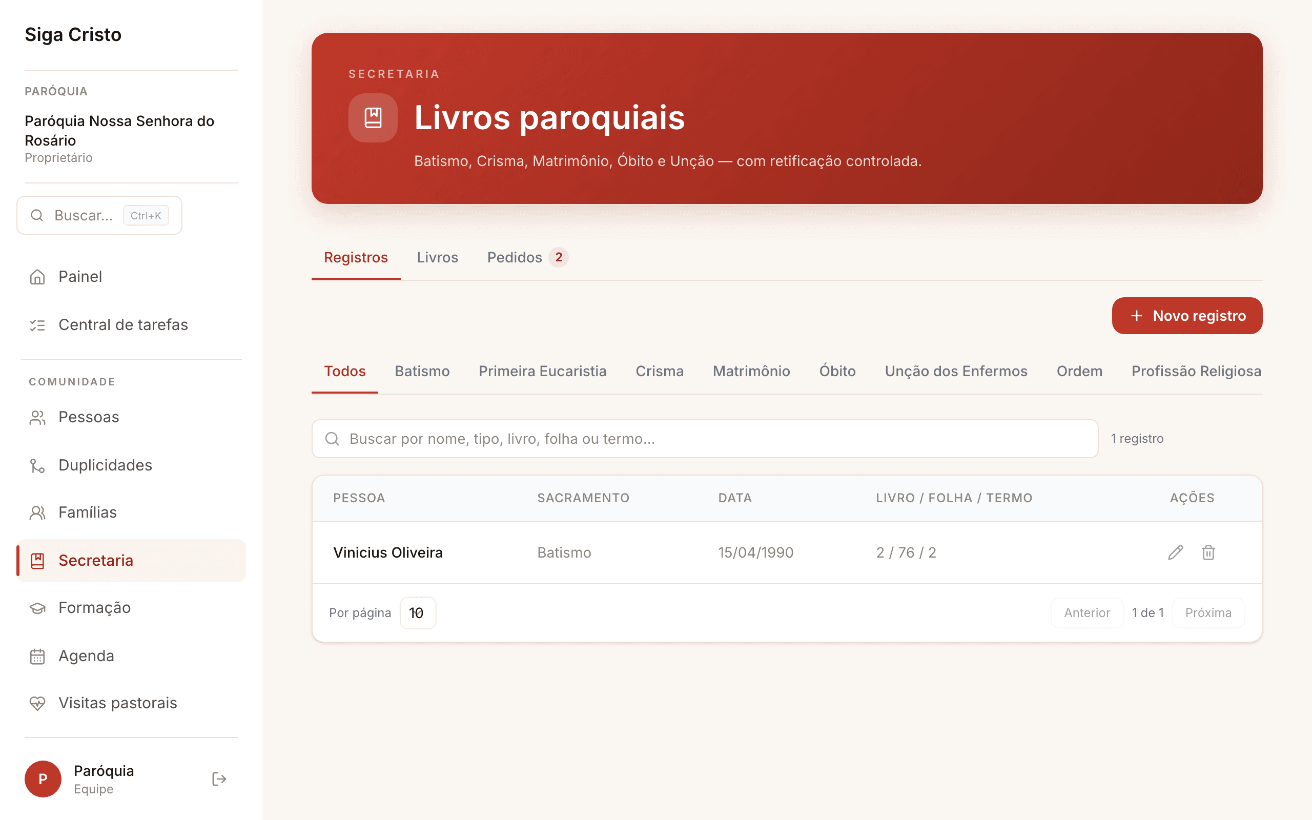 Livros paroquiais no ERP: registros por sacramento, livro, folha e termo