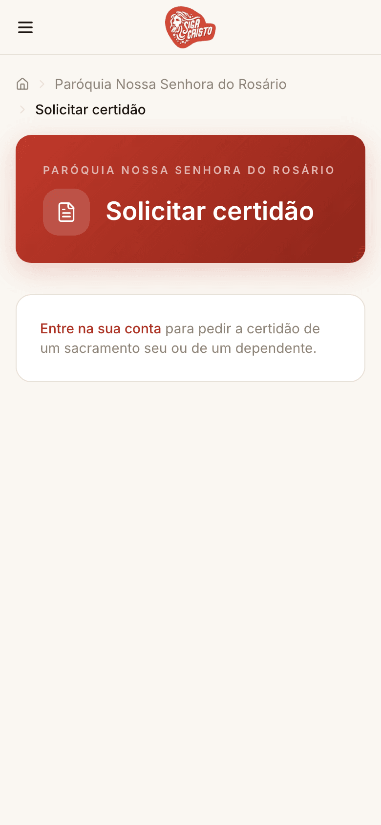 Pedido de certidão no Portal do Fiel