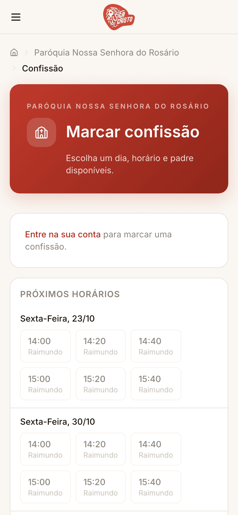 Portal do Fiel no celular: marcar confissão com dia, horário e padre